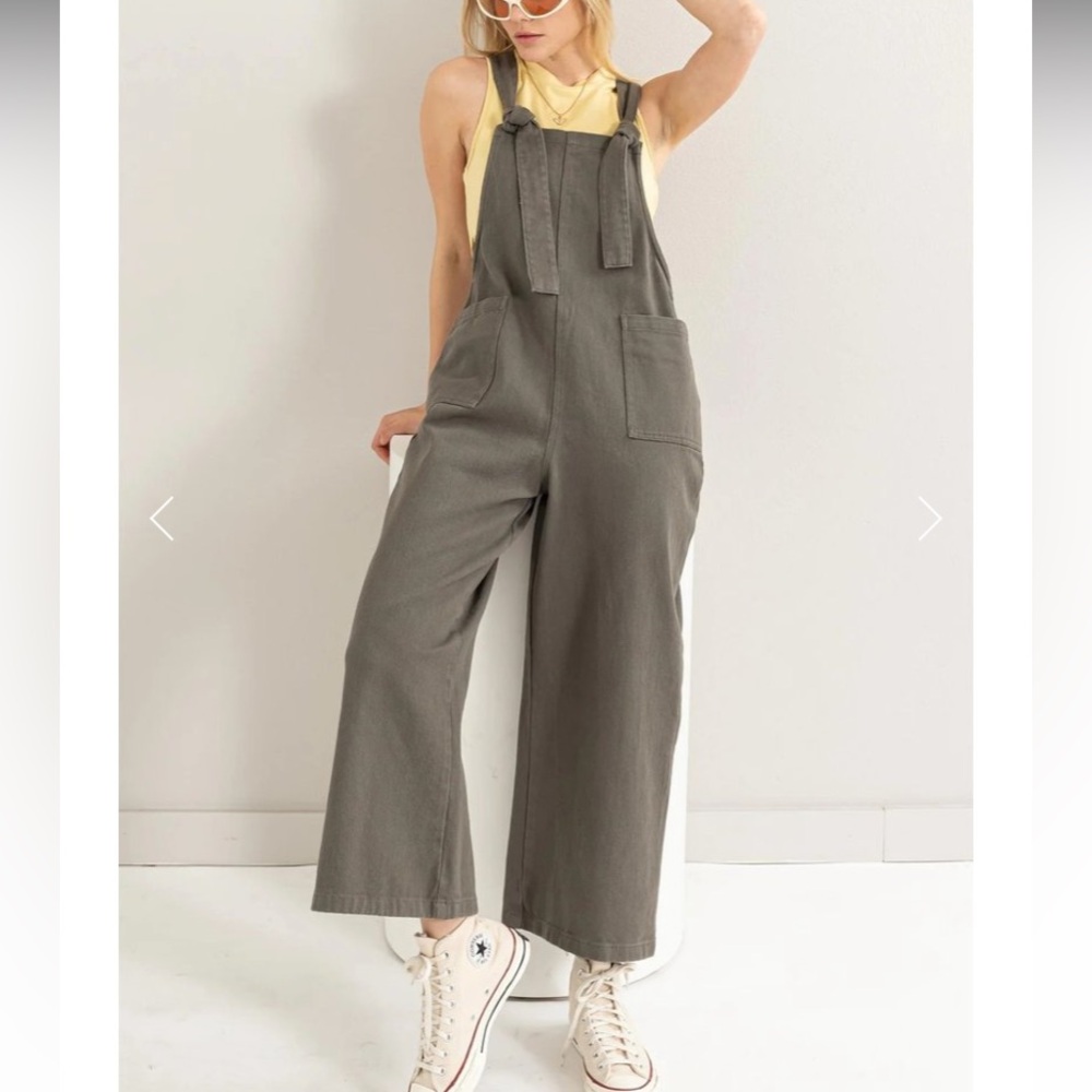 Knotted Twill Wide-Leg Overalls | M | Olive Green